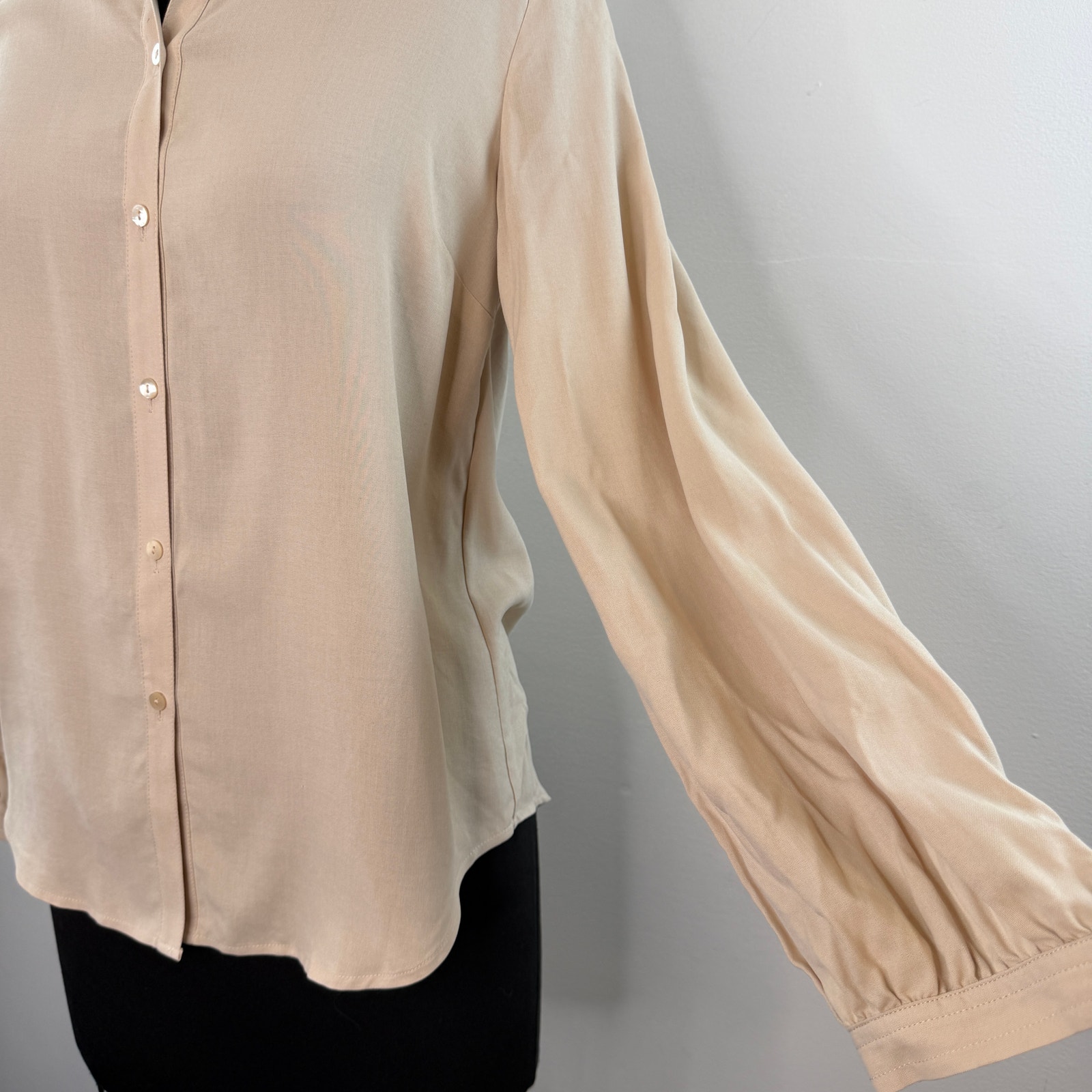 Poetry Beige Shirt Silk Collared Long Sleeve Curved Hem Classic Button-Up Size 2 — image 2 of 5